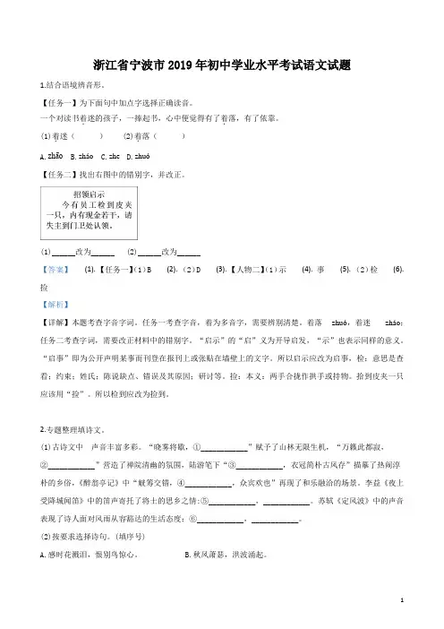 浙江省宁波市2019年中考语文试题解析版 2
