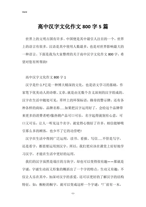 高中汉字文化作文800字5篇