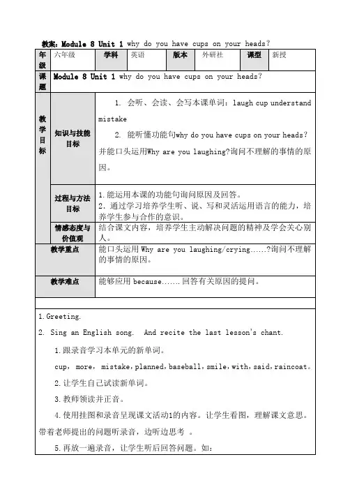 (外研版)小学英语六年级下册Module 8 Unit 1 Why do you have cups on your heads