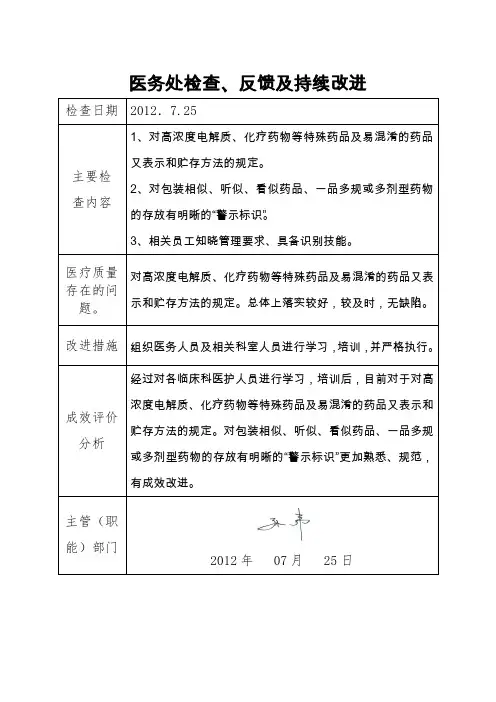 医务处检查反馈及持续改进