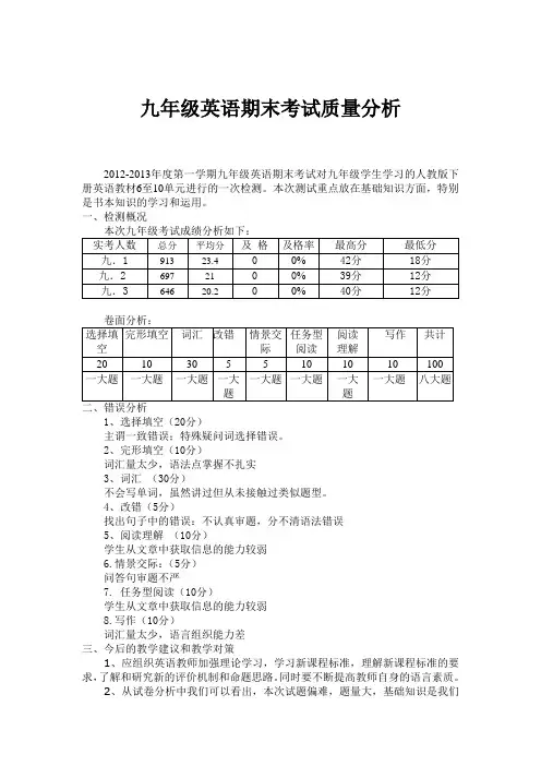九年级英语期末考试质量分析