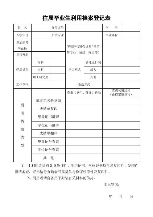 往届毕业生利用档案登记表
