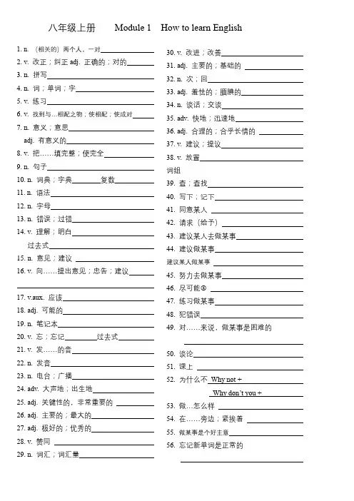 八年级上册英语Module 1 ——Module 6单词默写版(百词训练)附答案