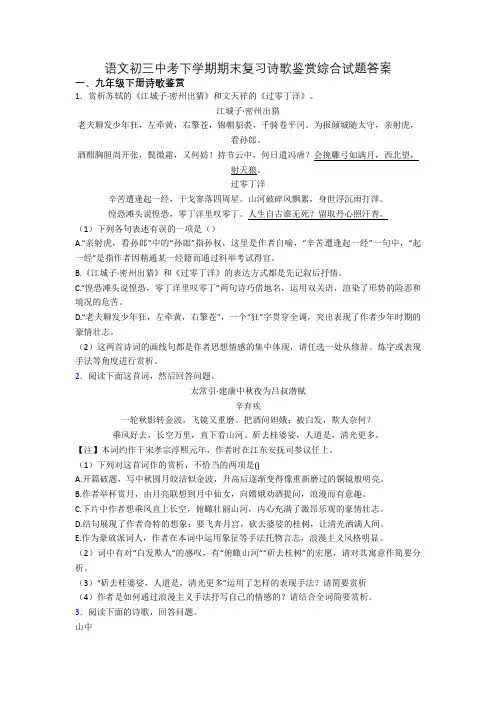 语文初三中考下学期期末复习诗歌鉴赏综合试题答案