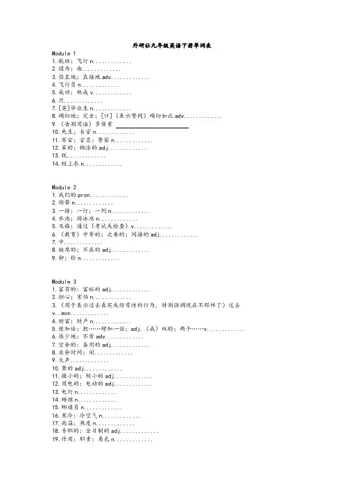 外研版初中英语九年级下册单词默写表