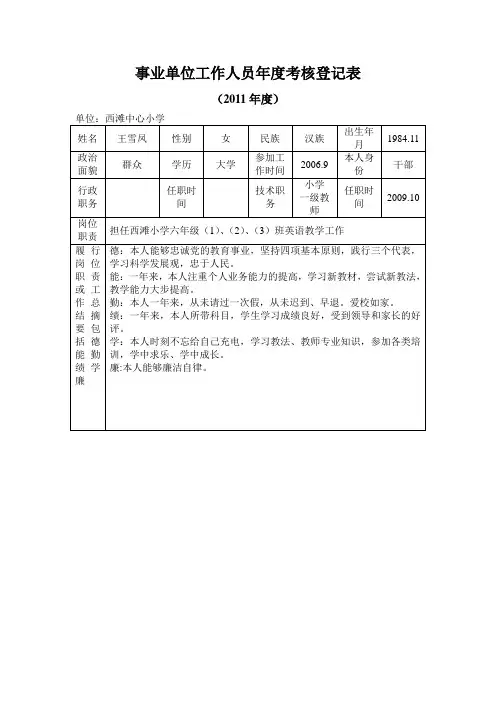 事业单位工作人员年度考核登记表