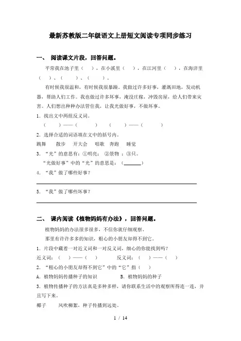 最新苏教版二年级语文上册短文阅读专项同步练习