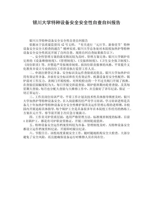 银川大学特种设备安全安全性自查自纠报告