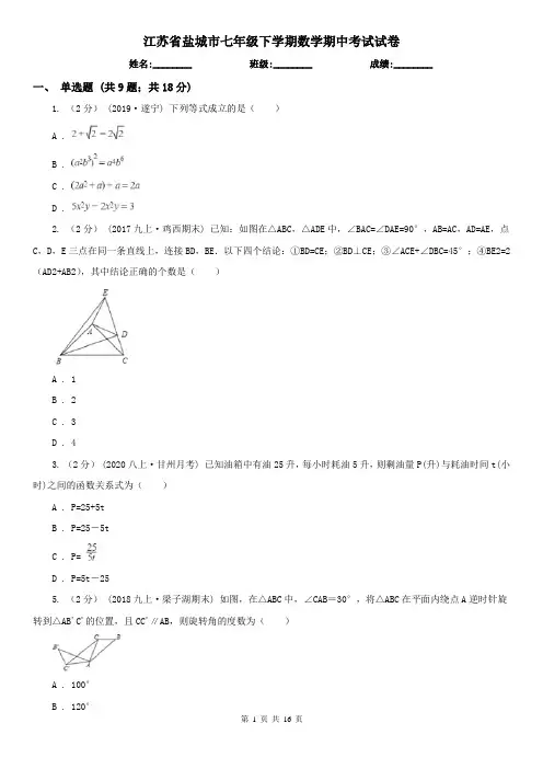 江苏省盐城市七年级下学期数学期中考试试卷