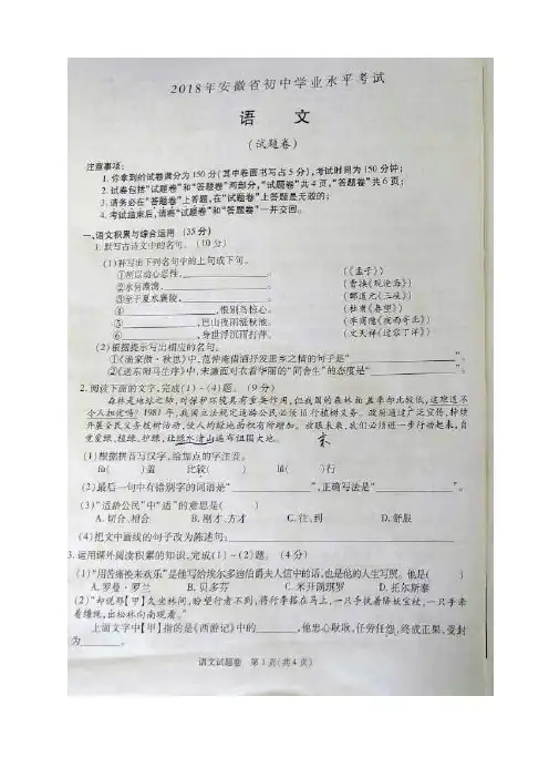 010.安徽省2018年中考语文试题(图片版,含Word答案)