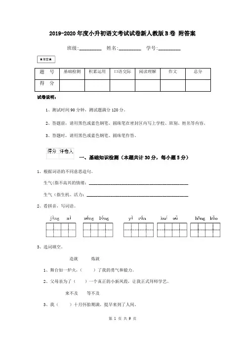 2019-2020年度小升初语文考试试卷新人教版B卷 附答案