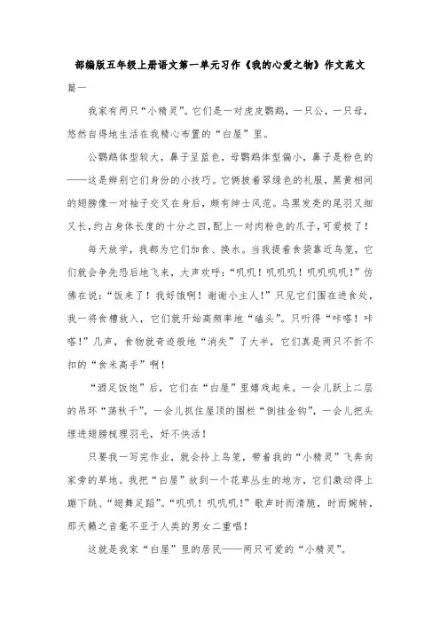 部编版五年级上册语文第一单元习作《我的心爱之物》作文范文 2