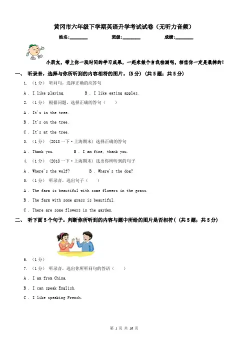 黄冈市六年级下学期英语升学考试试卷(无听力音频) 