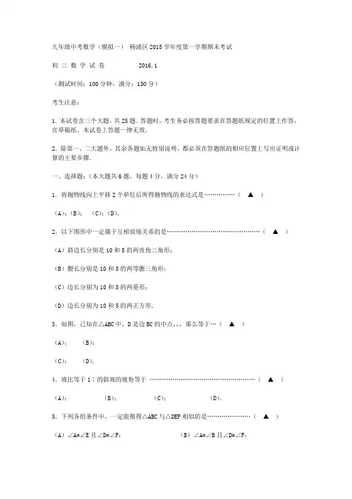 上海市2016杨浦区初三数学一模试卷(含答案)