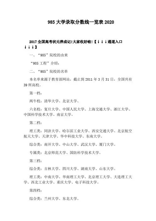 985大学录取分数线一览表2020