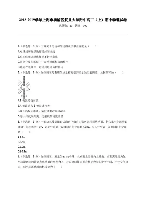 2018-2019学年上海市杨浦区复旦大学附中高三(上)期中物理试卷