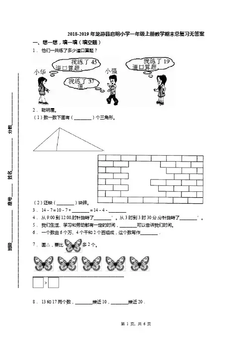 2018-2019年龙游县启明小学一年级上册数学期末总复习无答案