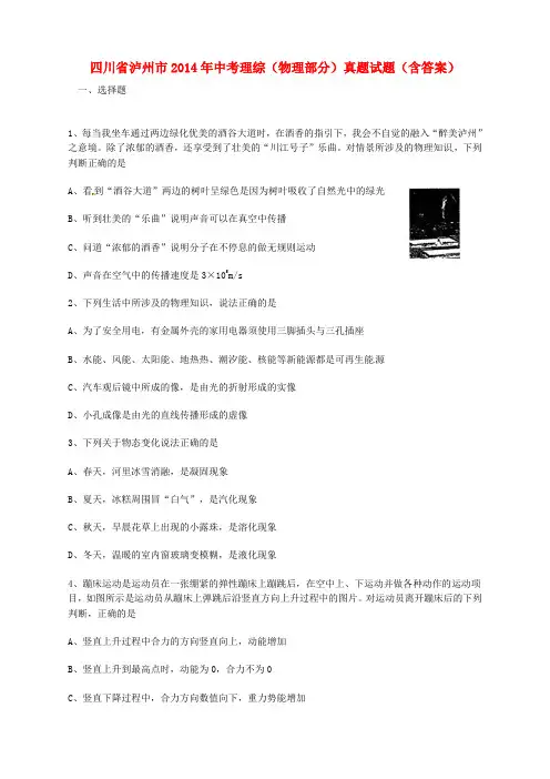 四川省泸州市2014年中考理综(物理部分)真题试题(含答案)