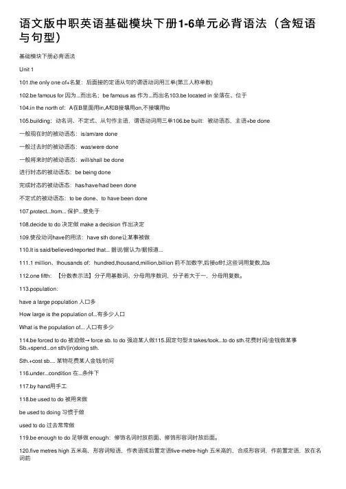 语文版中职英语基础模块下册1-6单元必背语法（含短语与句型）