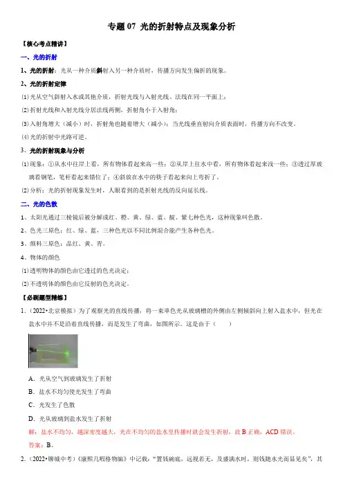 光的折射特点及现象分析(解析版)-2023年中考物理二轮复习核心考点精讲与必刷题型精练(全国通用)