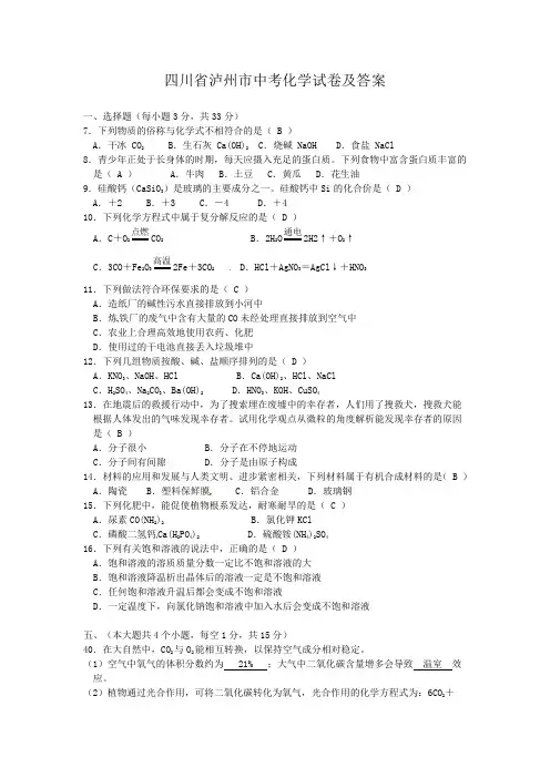 四川省泸州市中考化学试卷及答案