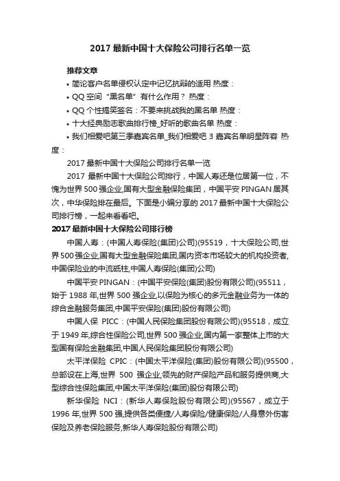 2017最新中国十大保险公司排行名单一览