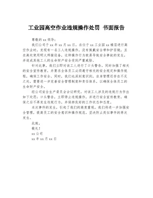 工业园高空作业违规操作处罚 书面报告