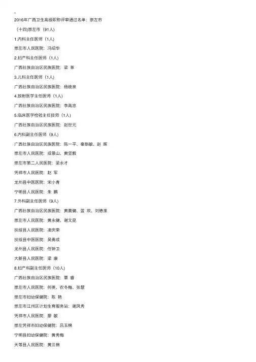 2016年广西卫生系列高级职称评审通过名单：崇左市