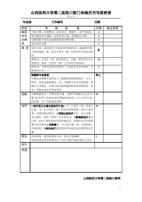 山西医科大学第二医院口腔门诊病历书写-质控表-粘膜