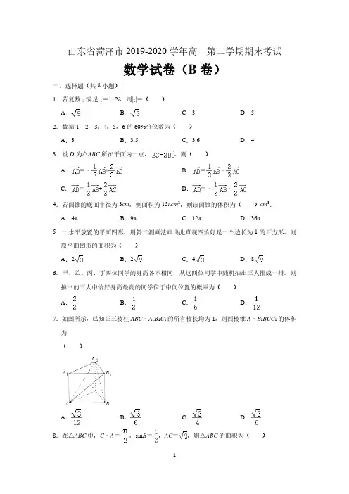 山东省菏泽市2019-2020学年高一下学期期末考试数学试题(B卷)(含解析)