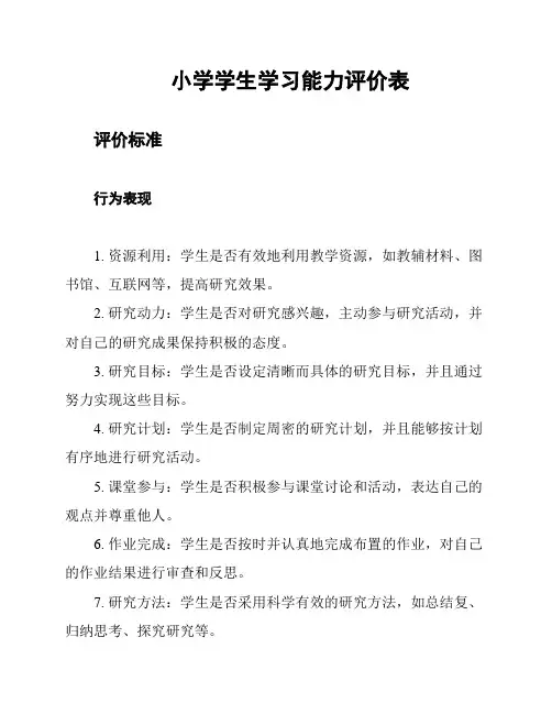 小学学生学习能力评价表