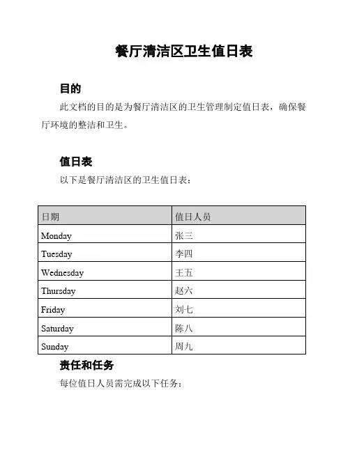 餐厅清洁区卫生值日表