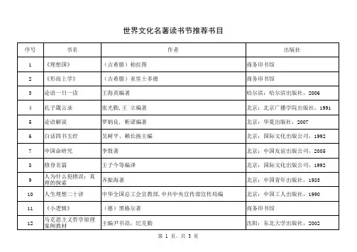 世界文化名著读书节推荐书目
