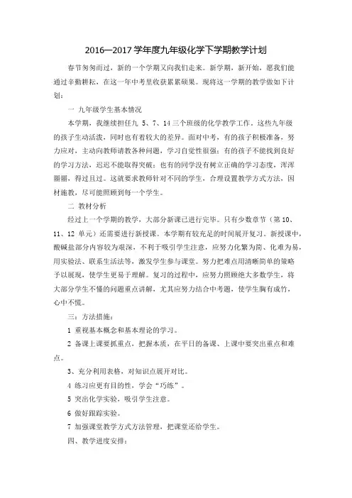 2016—2017学年度九年级化学下学期教学计划