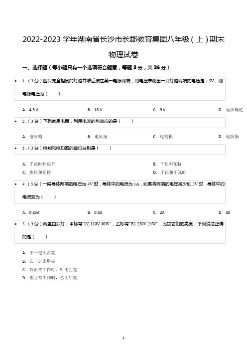 2022-2023学年湖南省长沙市长郡教育集团八年级(上)期末物理试卷