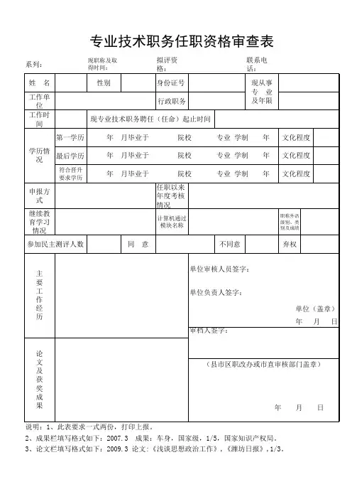专业技术职务任职资格审查表