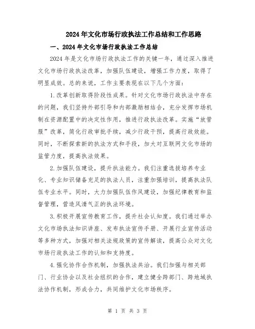 2024年文化市场行政执法工作总结和工作思路