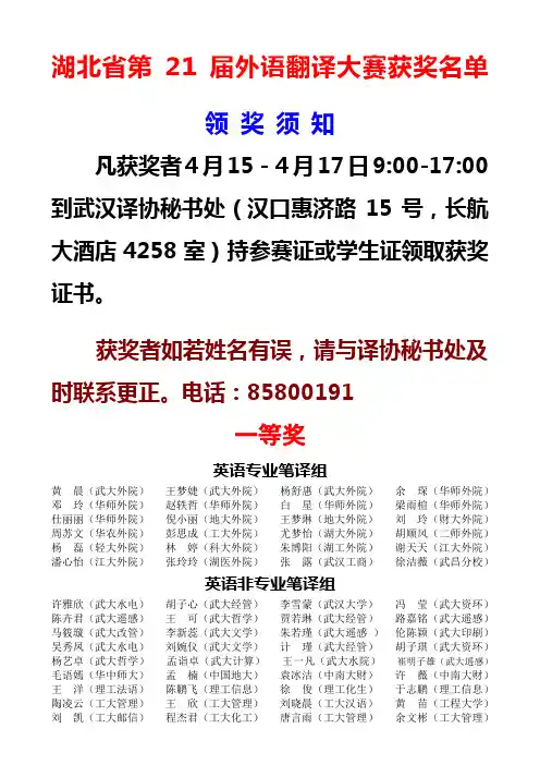 湖北省第21届外语翻译大赛获奖名单