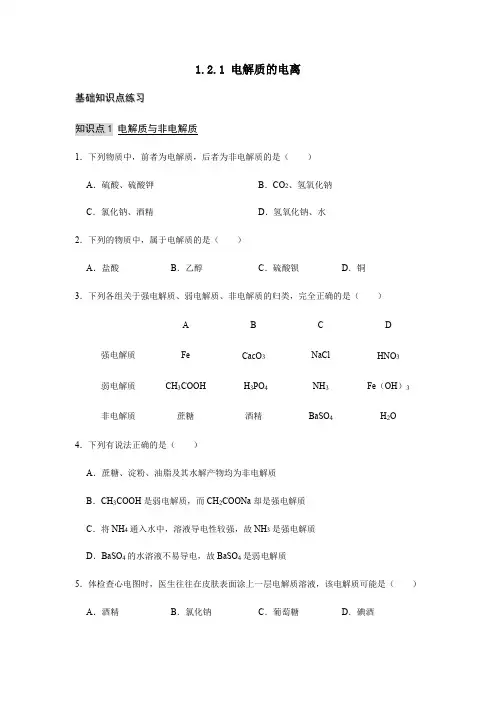 1.2.1 电解质的电离 练习【新教材】人教版(2019)高中化学必修一