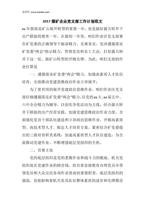 2017煤矿企业党支部工作计划范文