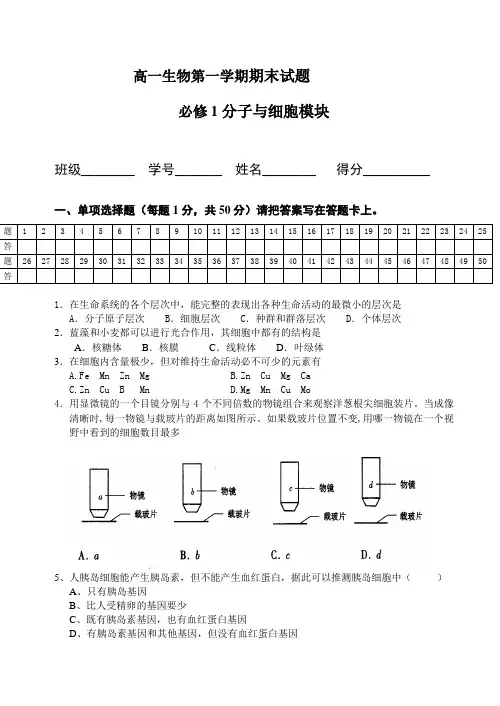 516高一生物第一学期期末试题