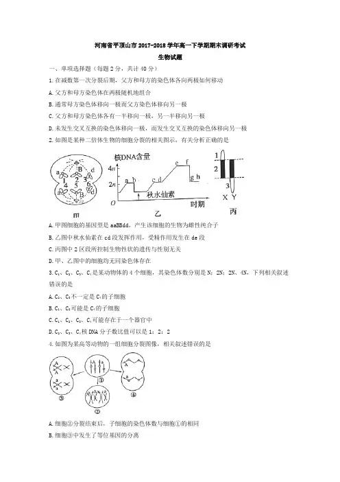 河南省平顶山市2017-2018学年高一下学期期末调研考试生物试题含答案