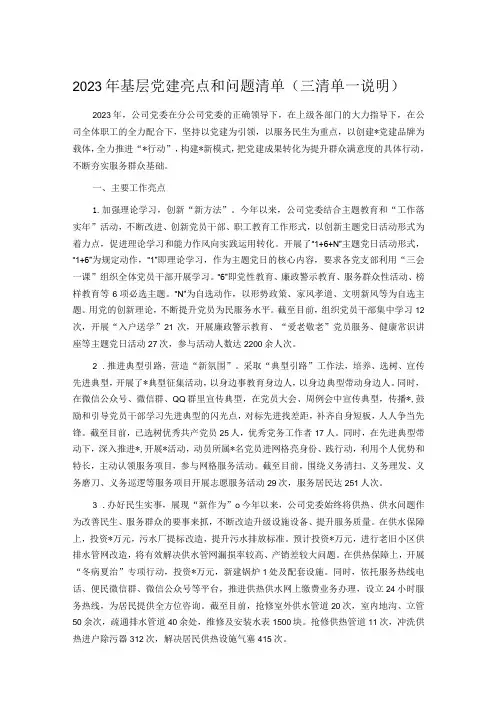 2023年基层党建亮点和问题清单(三清单一说明)