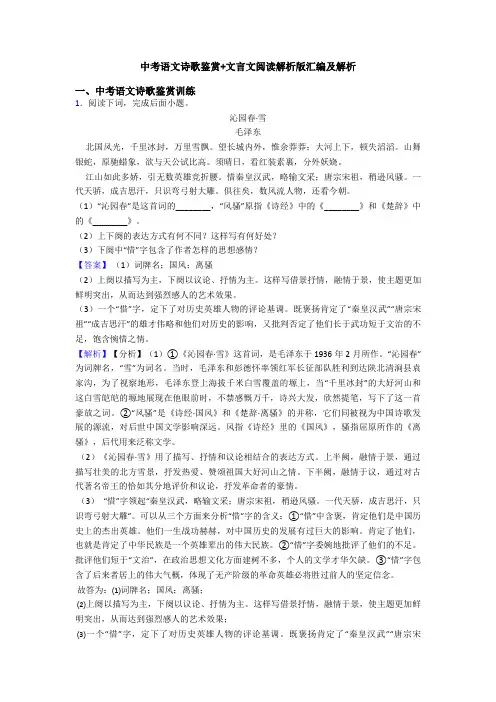 中考语文诗歌鉴赏+文言文阅读解析版汇编及解析