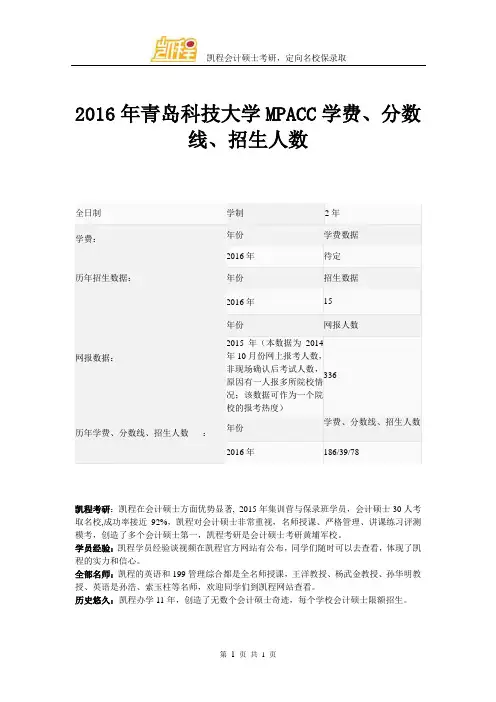 2016年青岛科技大学MPACC学费、分数线、招生人数