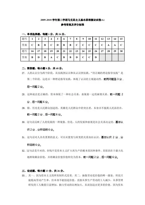 2009-2010学年第二学期马克思主义基本原理概论试卷(A)参考答案