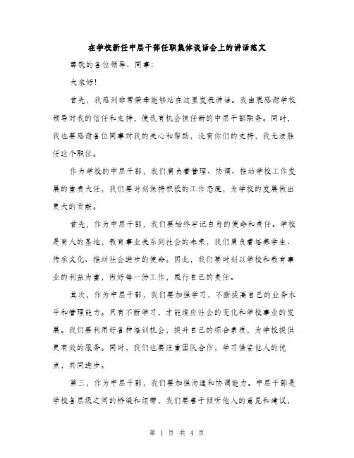 在学校新任中层干部任职集体谈话会上的讲话范文（二篇）