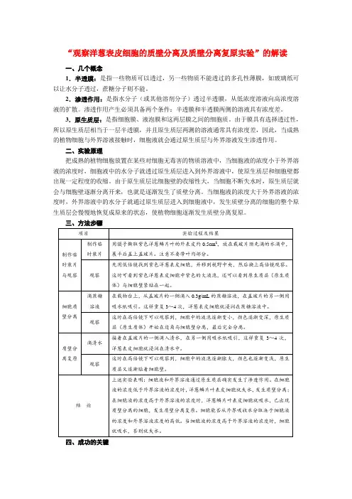 高中生物教学论文“观察洋葱表皮细胞的质壁分离及质壁分离复原实验”的解读
