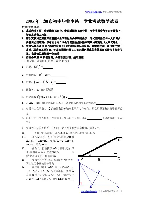 2005年上海市中考数学试题及答案
