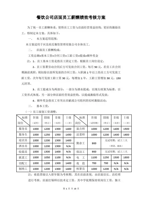 餐饮公司店面员工薪酬绩效考核方案